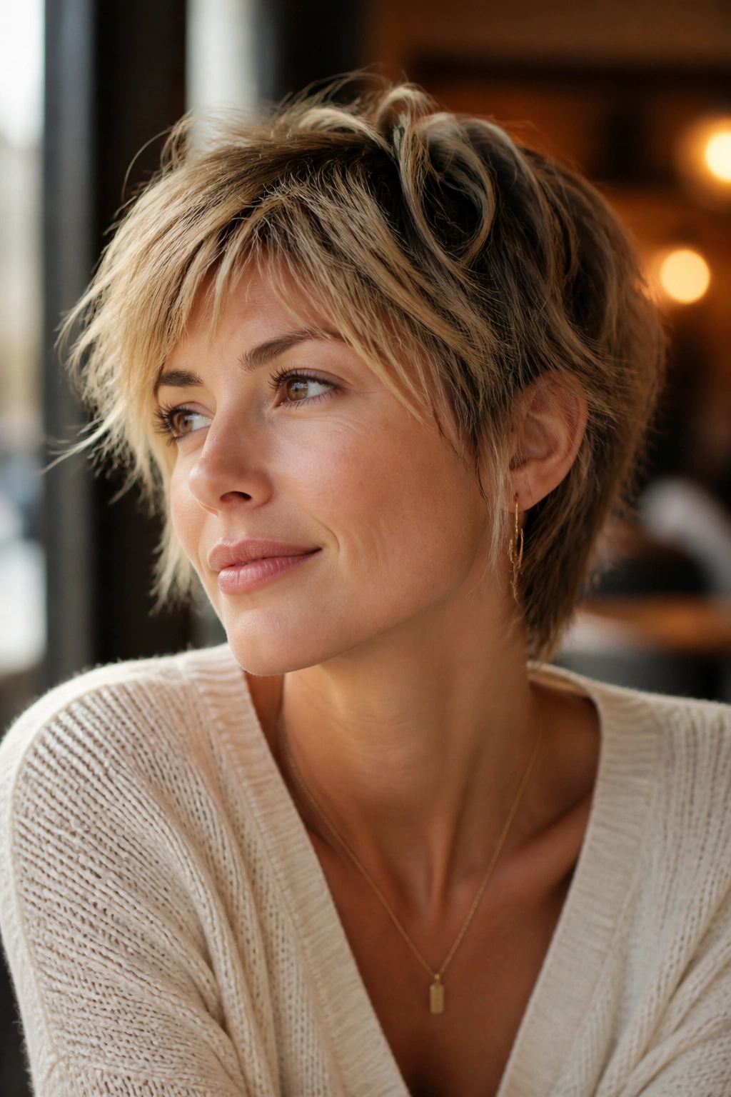 Close-up portrait of a real woman with long pixie shag and wispy ends in warm daylight.
