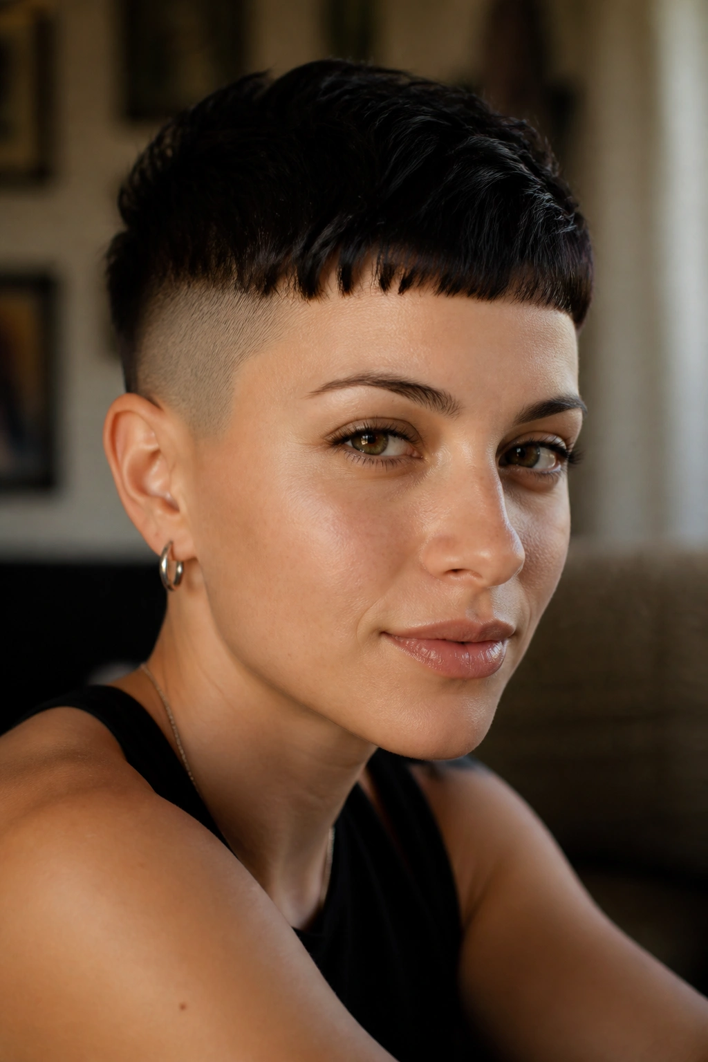 Close-up portrait of a person with shaved pixie and micro bangs.