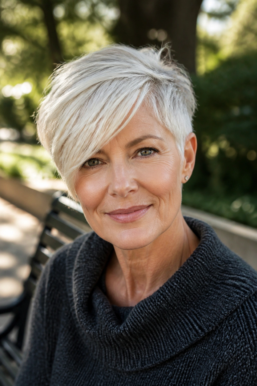 Real woman with pixie cut and long side-swept fringe