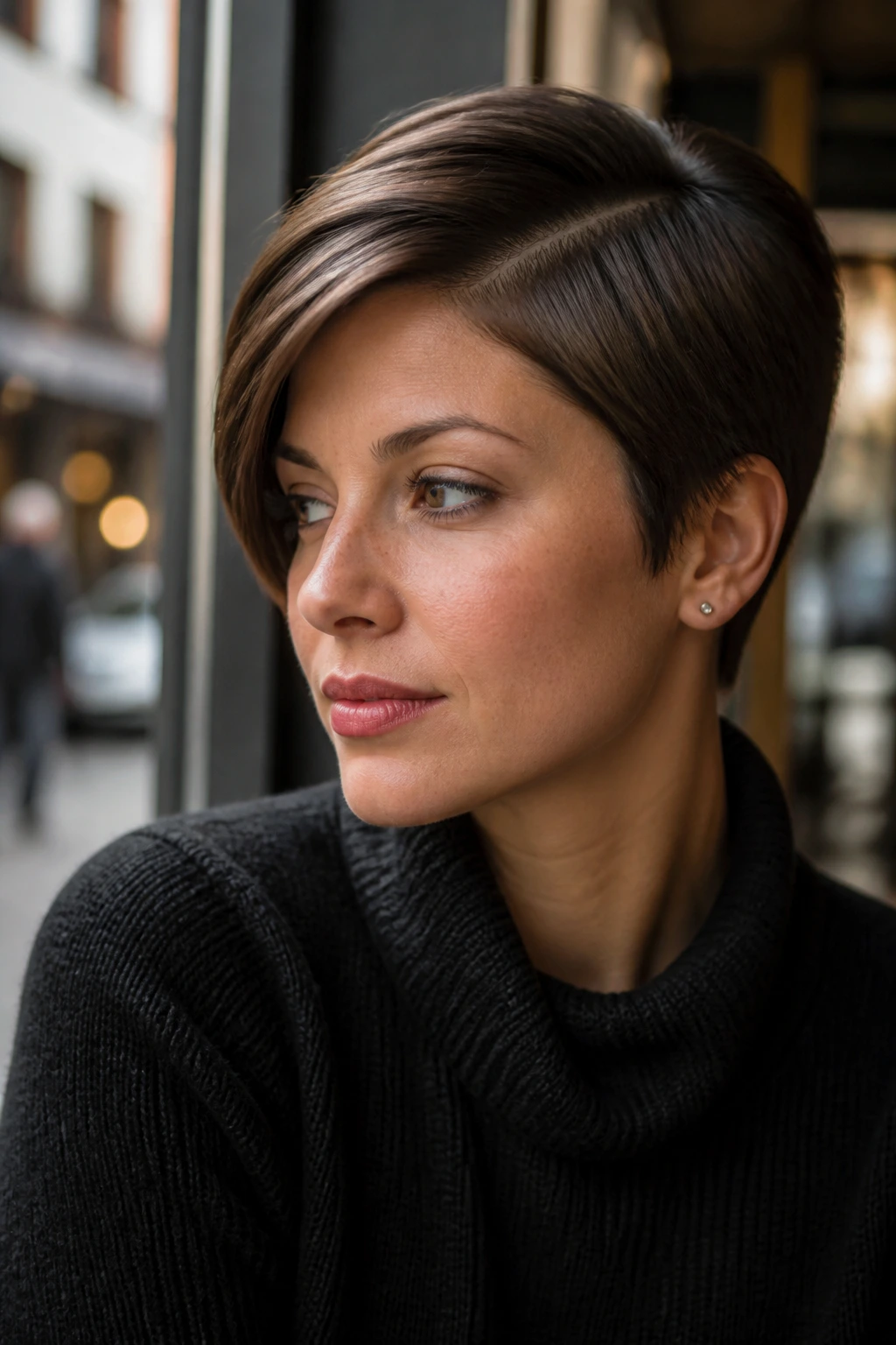 Portrait of a real woman with a side-swept pixie and long top