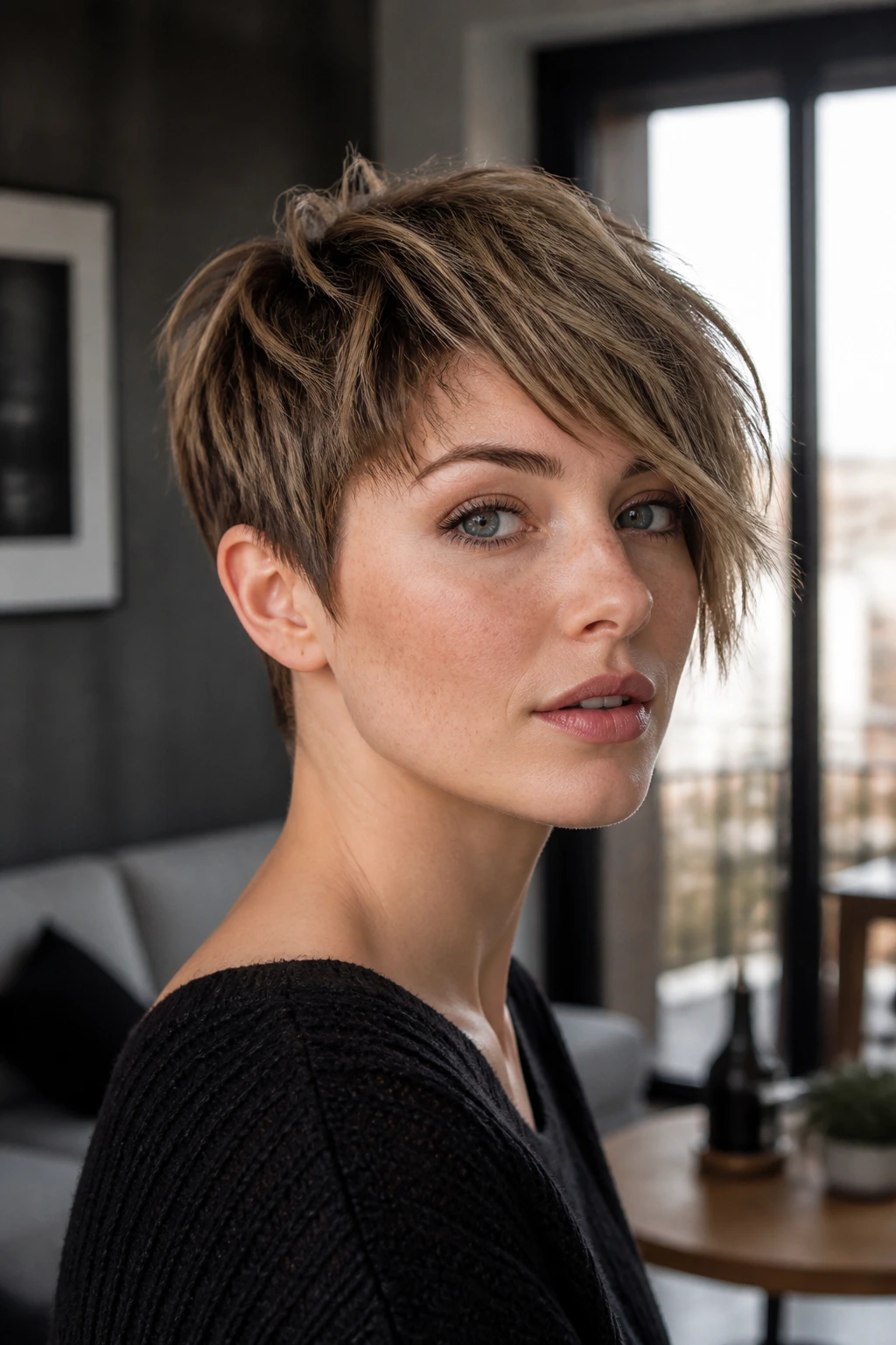 Close-up portrait of person with choppy side-swept pixie hairstyle