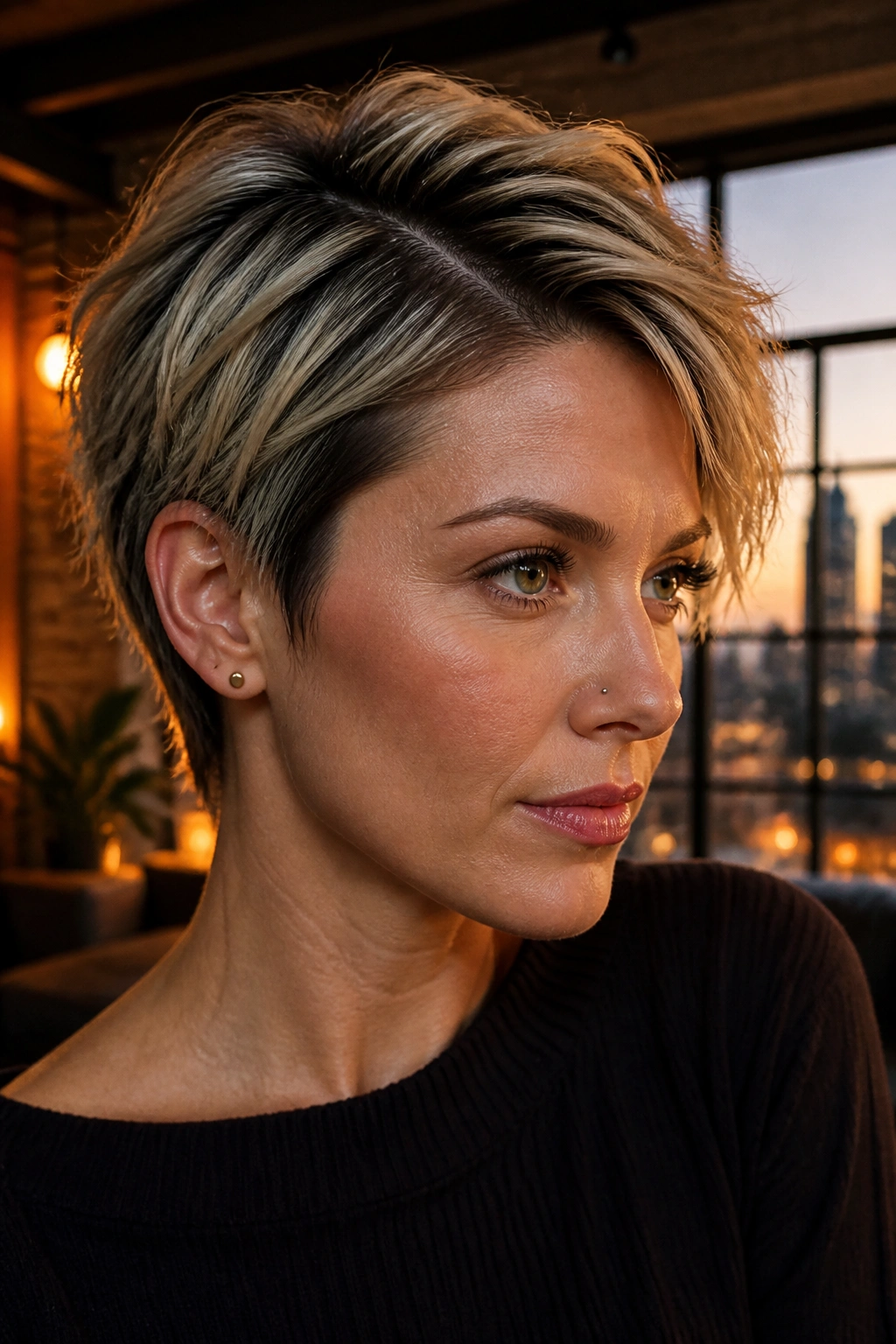 Portrait of a real person with slick-root textured pixie