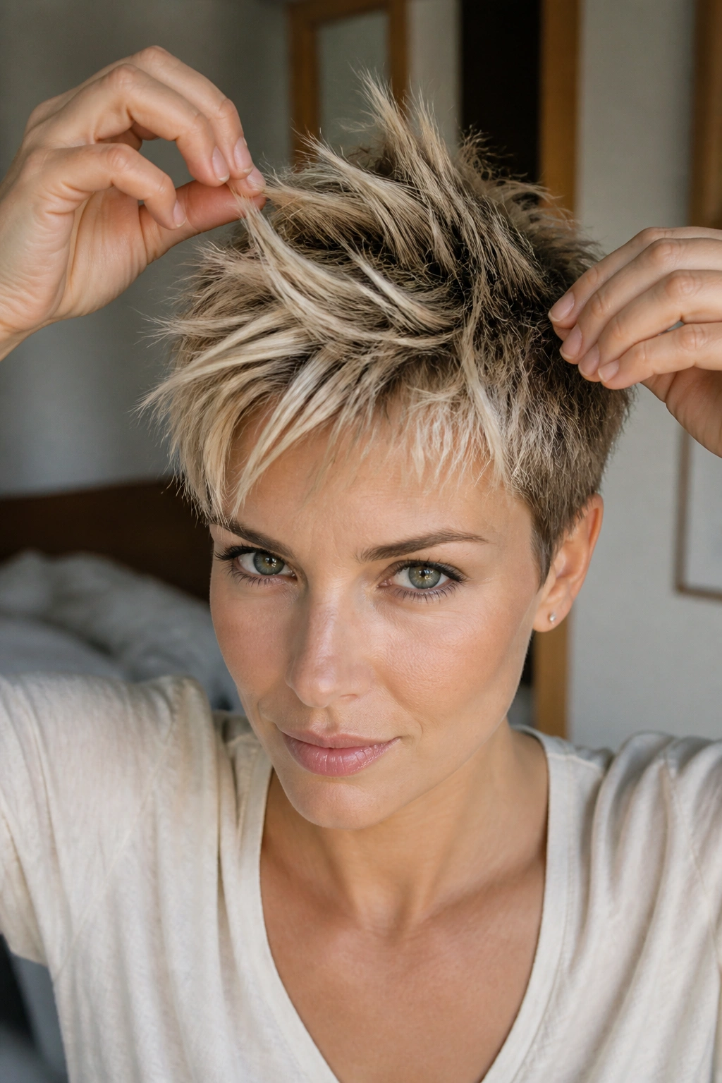 Close-up of a real person with a pixie cut styled into textured matte spikes