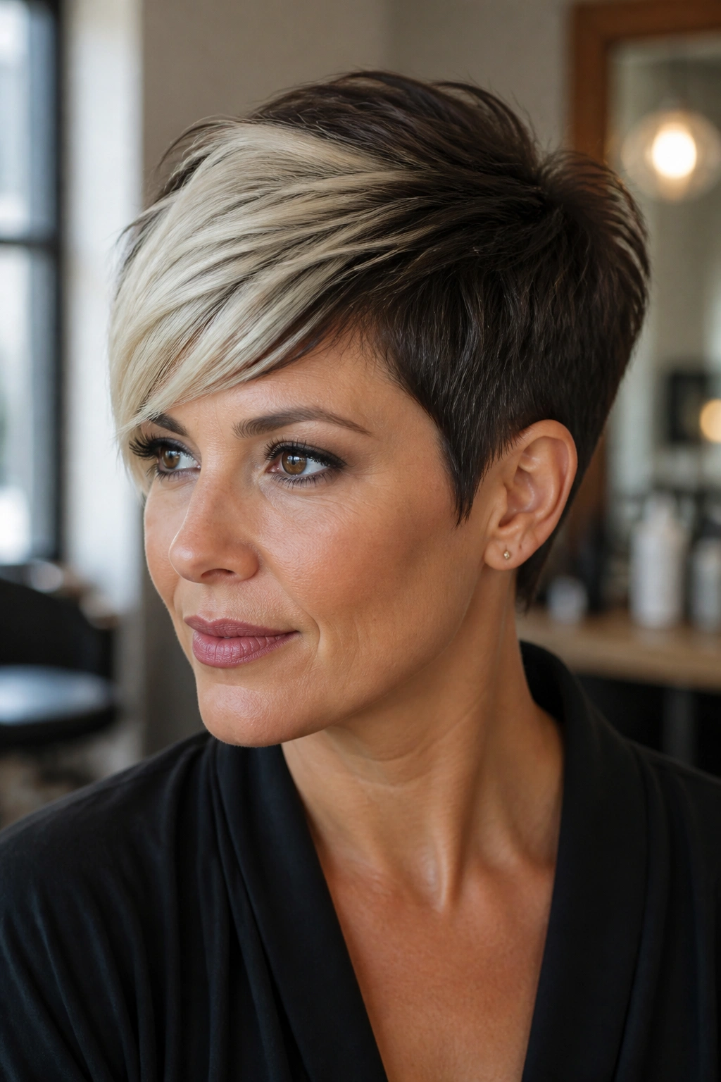 Close-up of a real person with a chunky front-streak pixie hairstyle.