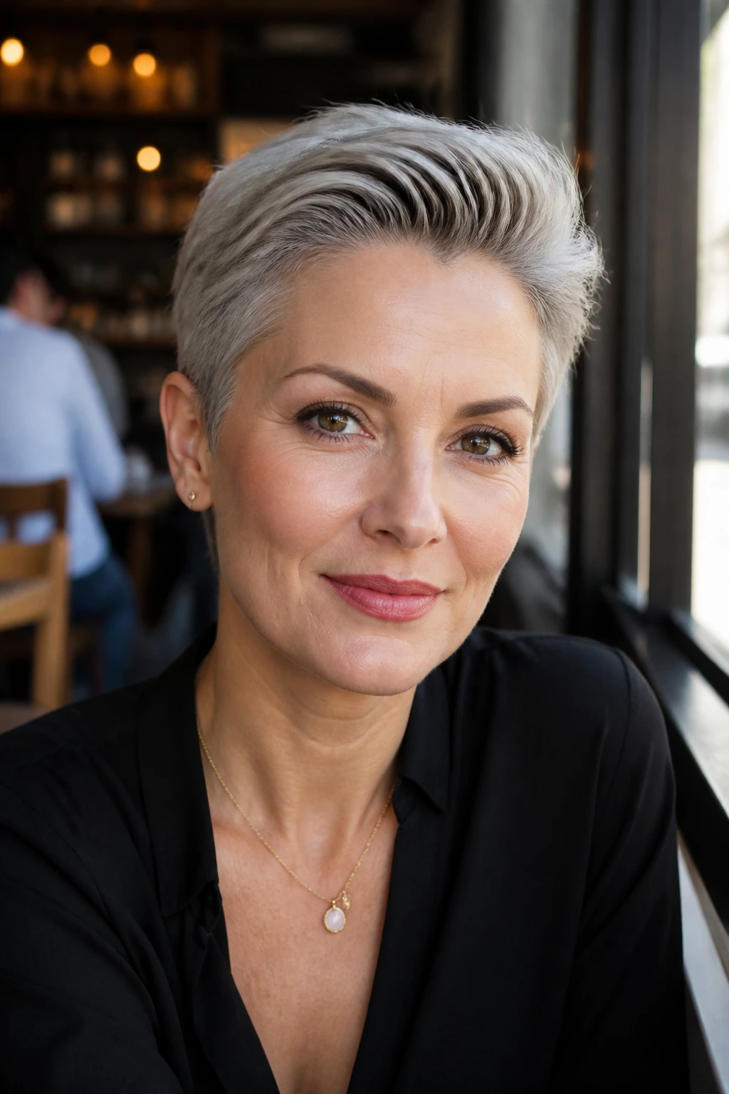 Close-up portrait of a real woman with a swept-back polished pixie and open face