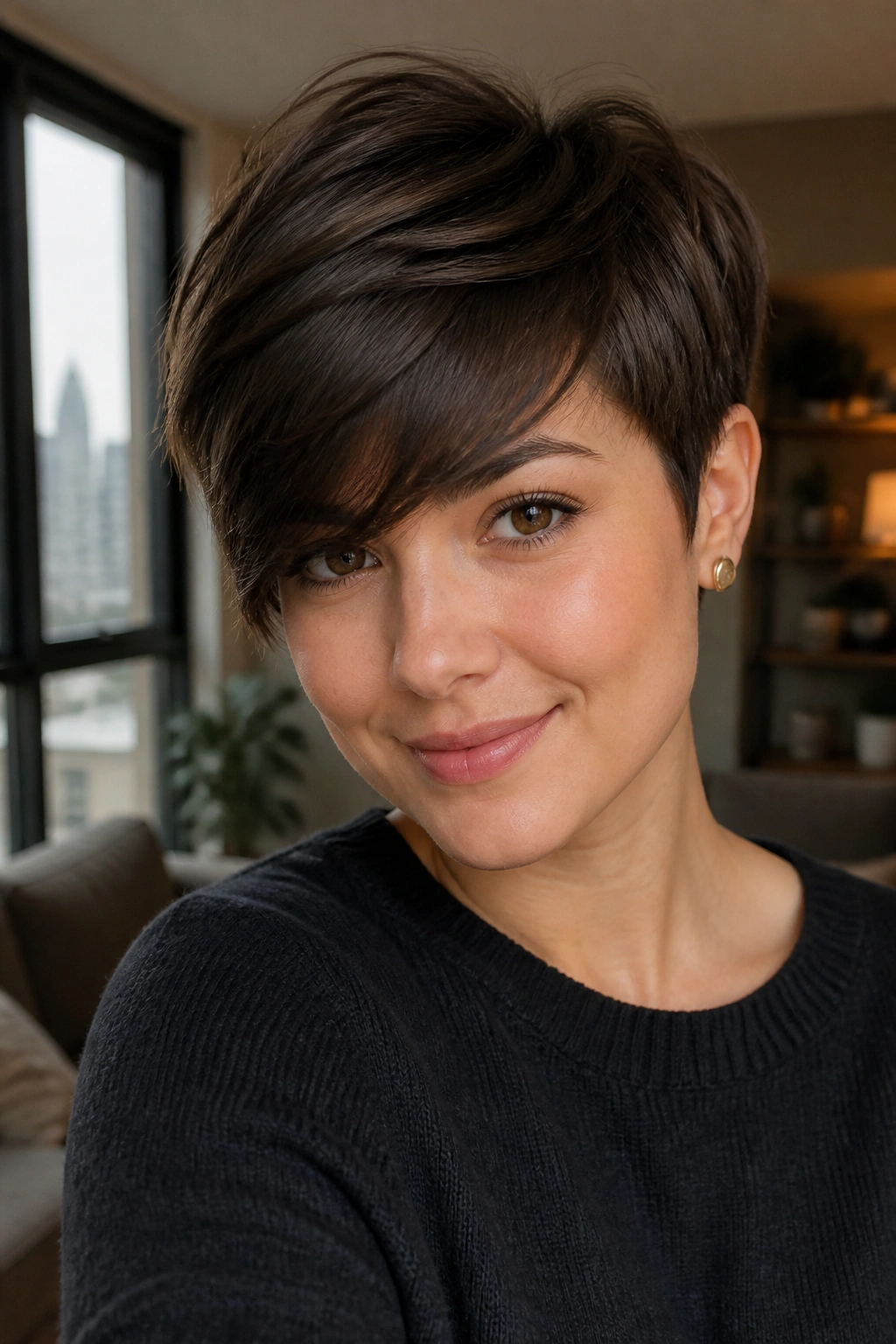Real woman with long pixie and swept fringe
