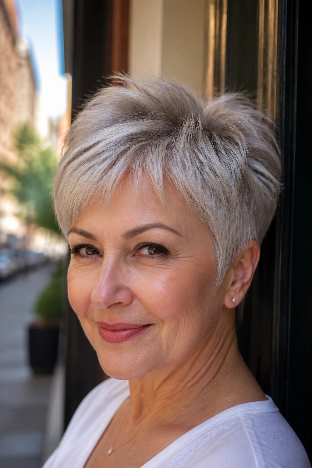 Close-up of a real woman with a pixie haircut featuring tapered layers in natural daylight.