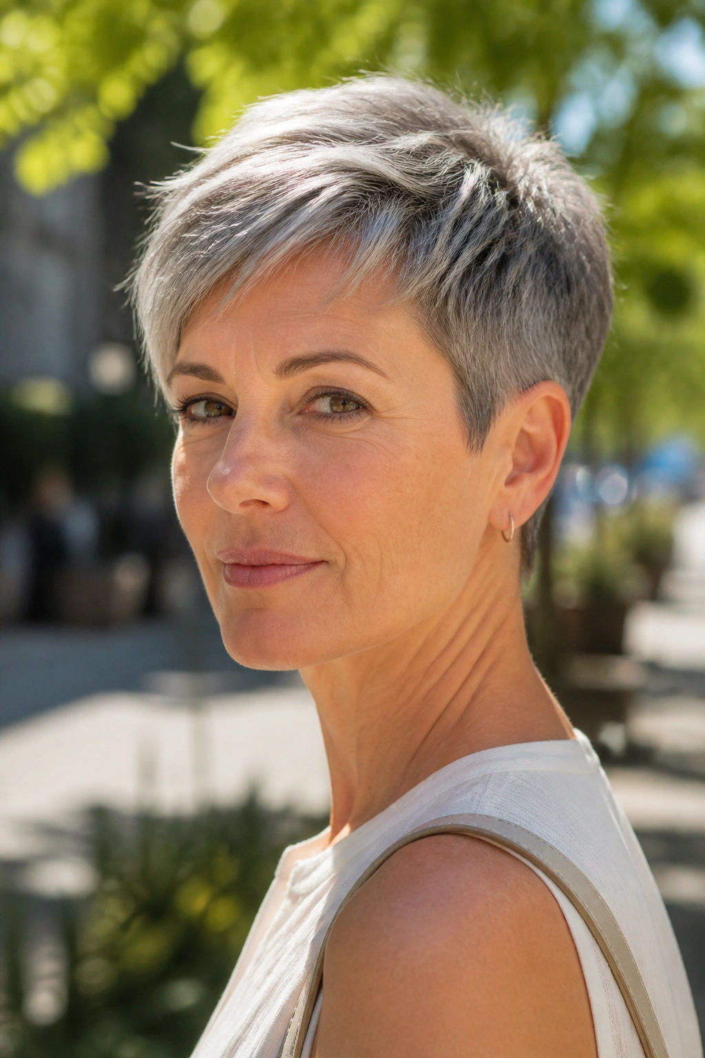 Three-quarter portrait of a real woman with a modern pixie and tapered sides on a city street.