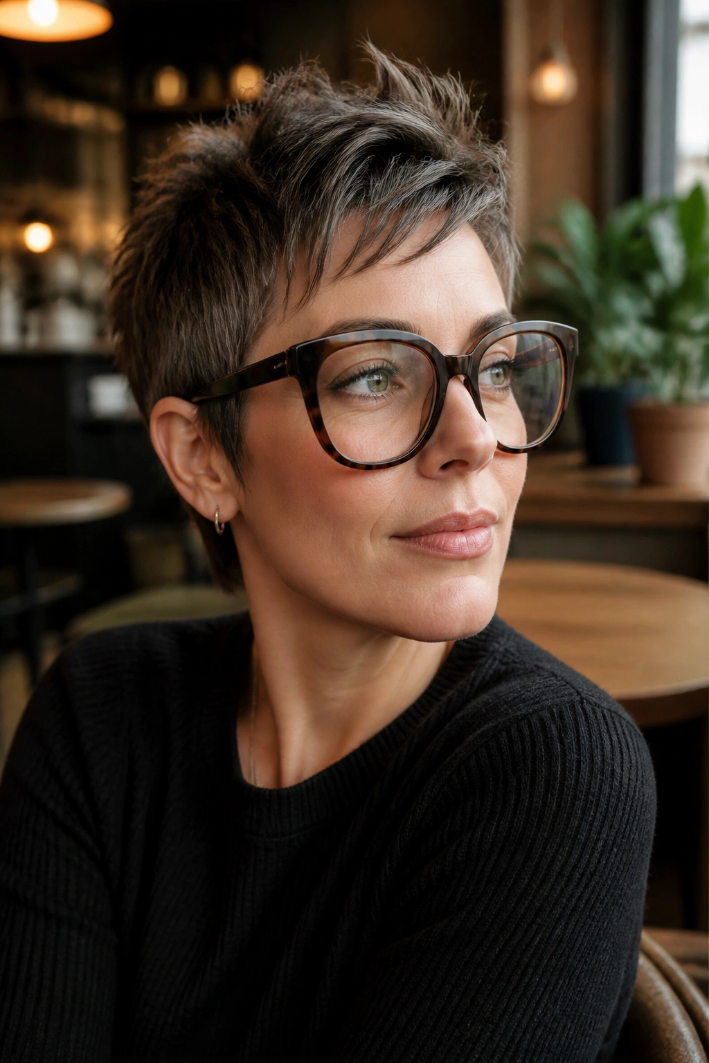 Close-up of a woman with a textured pixie and bold frames in cafe light
