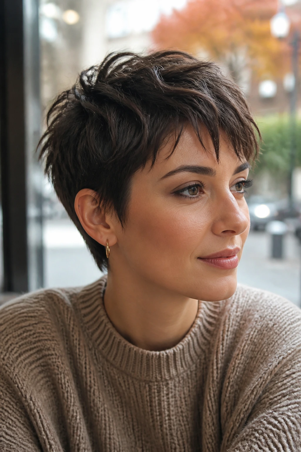 Close-up of a real person with a textured pixie cut and matte finish