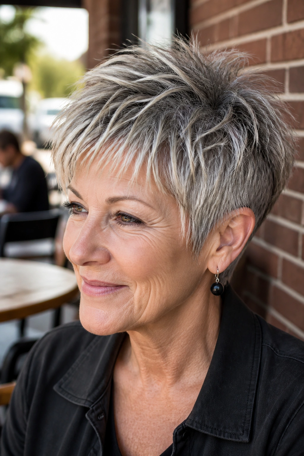 Real woman with shattered pixie hairstyle and piecey texture outdoors.