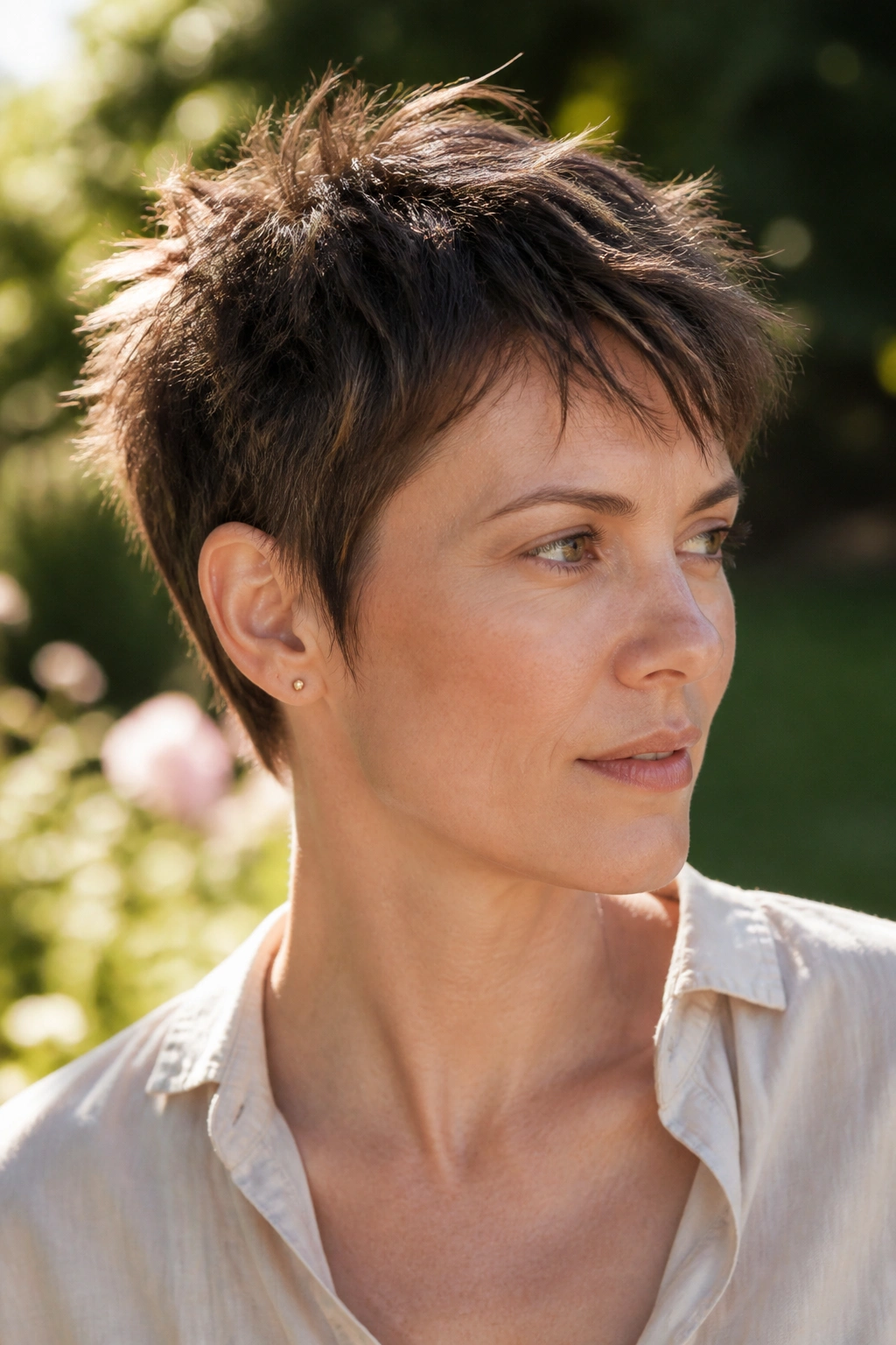 Close-up of a messy textured pixie on a real woman in a park setting