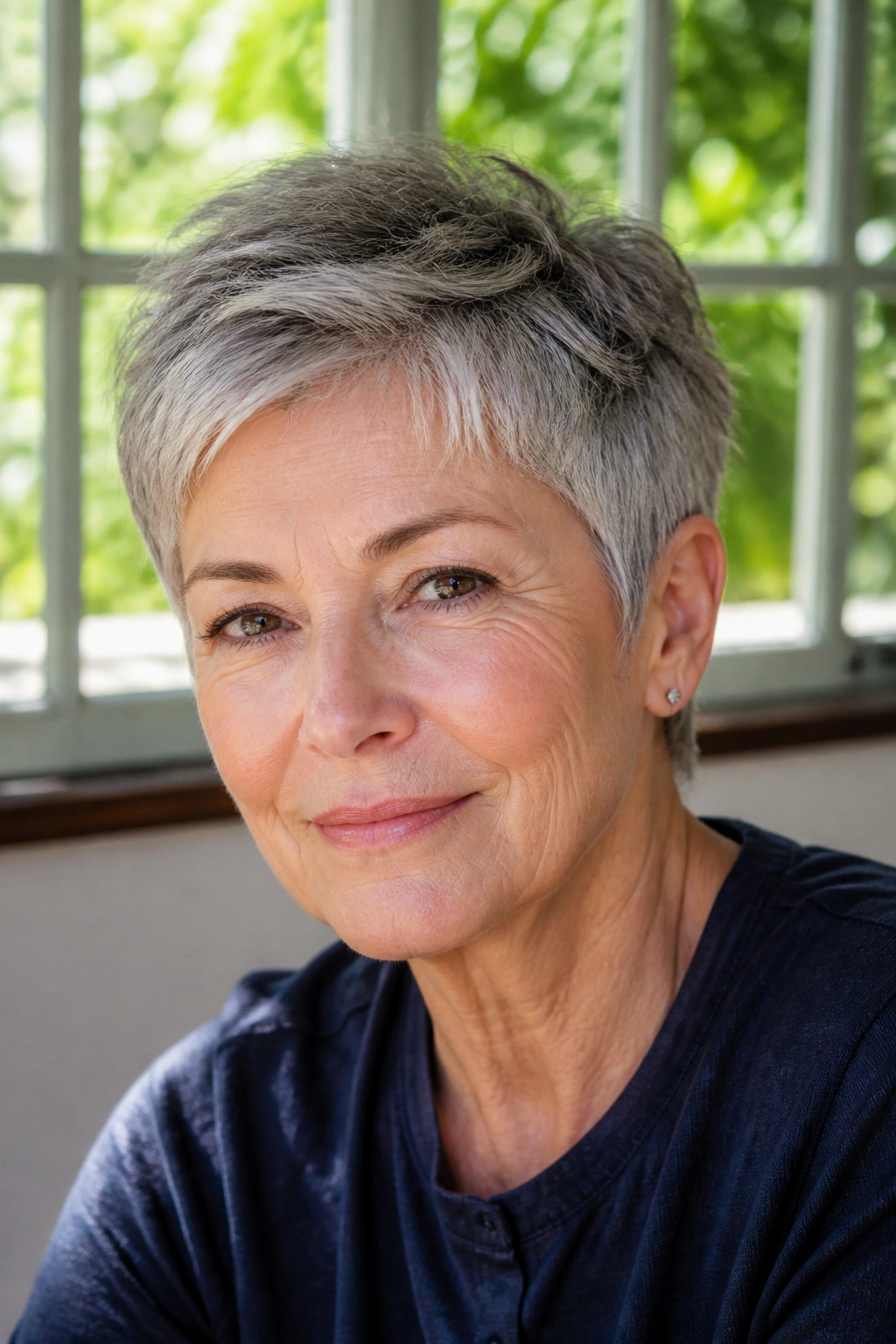 Close-up of an older woman with a grown-out pixie and textured top, grey hair, natural daylight
