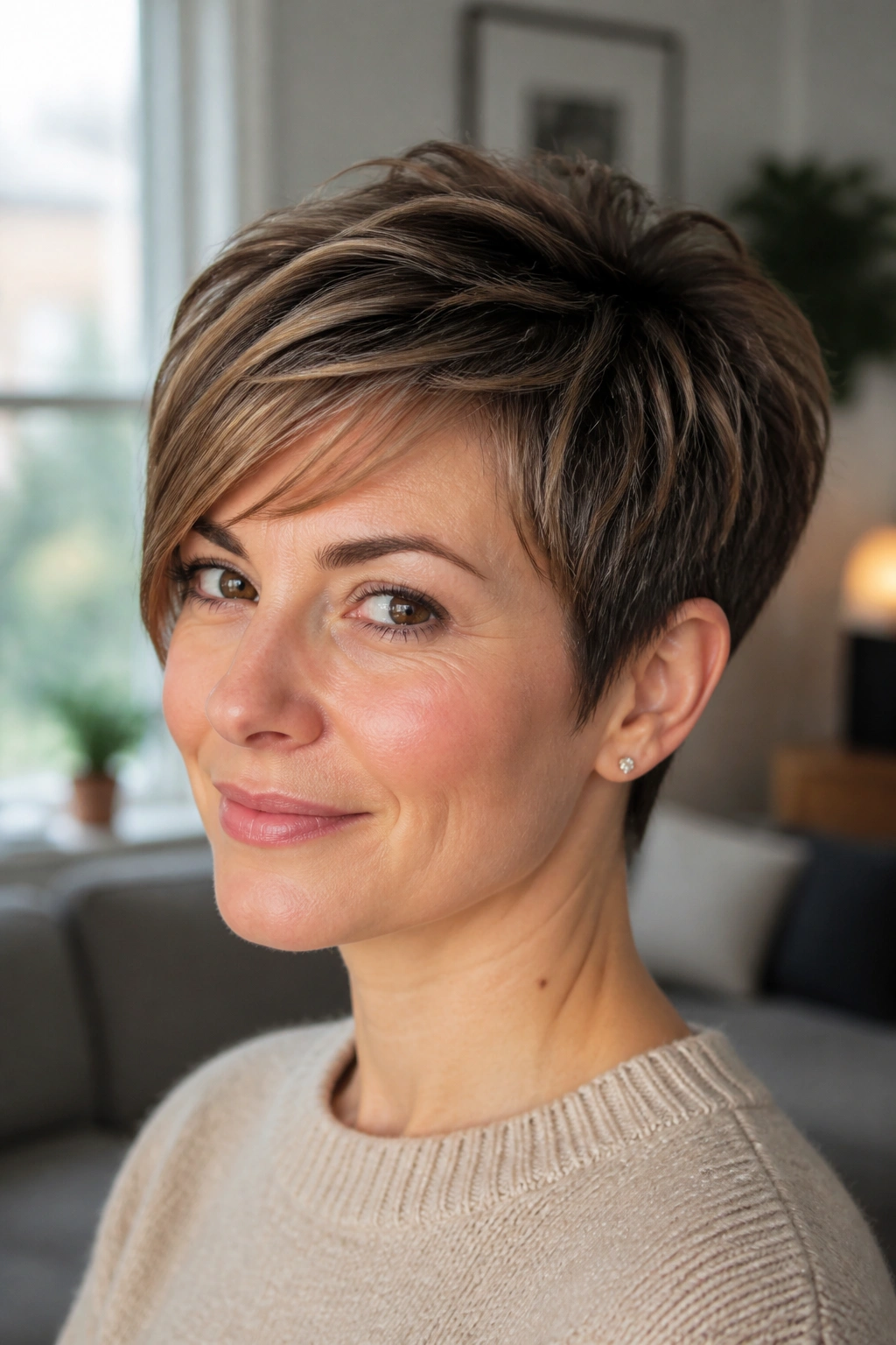 Close-up of a real woman with a textured pixie and longer crown layers in warm window light