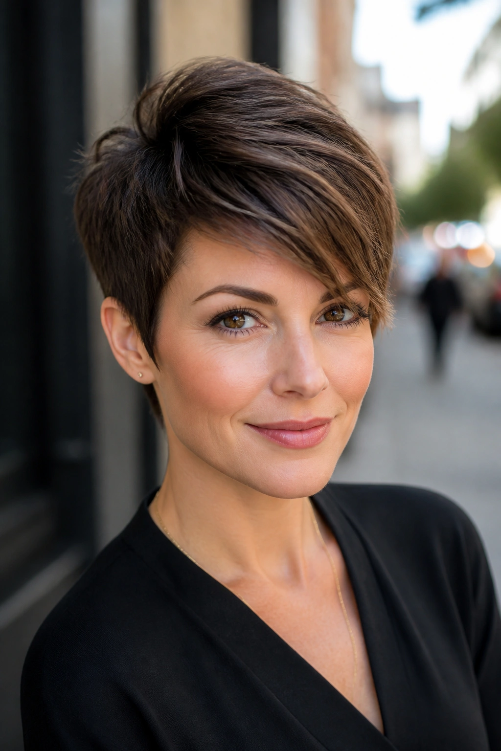 Close-up portrait of a real woman with a textured pixie and side volume for a diamond-face profile.