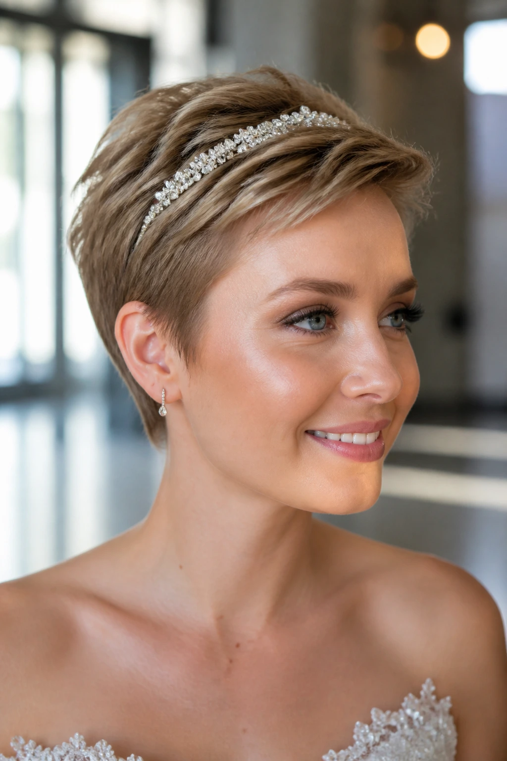 Bride with pixie cut wearing headband tiara in modern venue