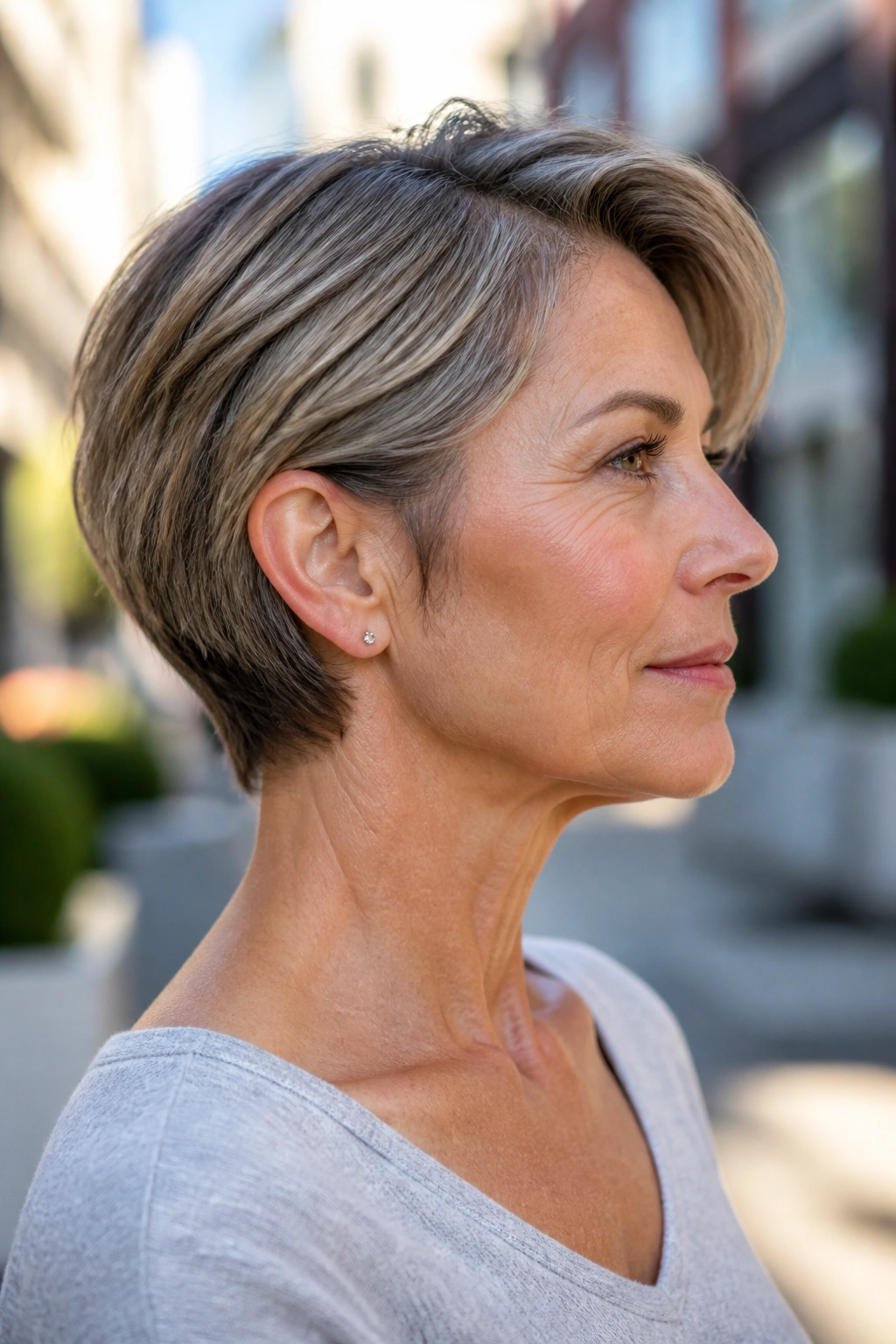 Close-up of older woman with transitional pixie to bob hairstyle in daylight