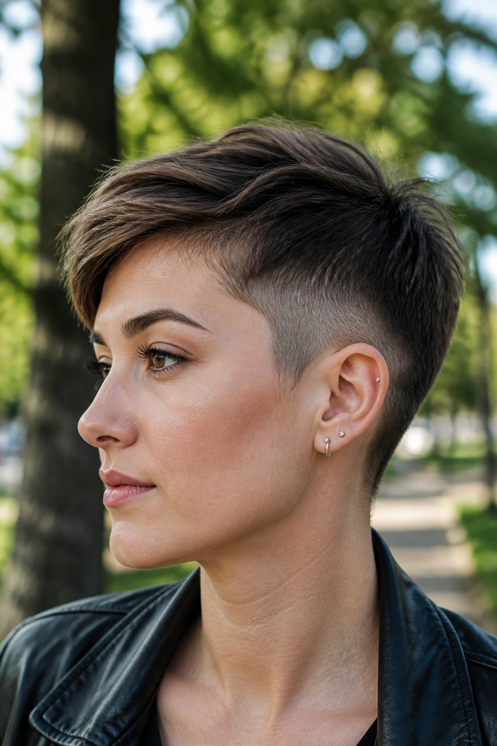 Close-up of a real woman with a pixie undercut removing bulk, outdoors in a park