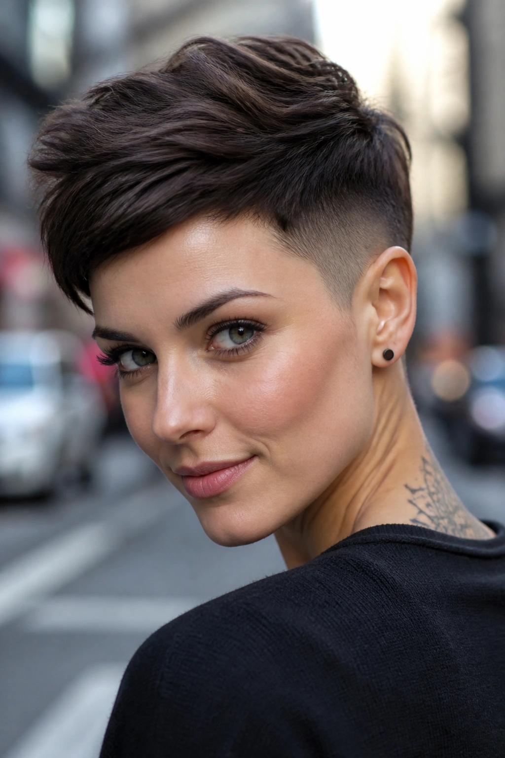 Portrait of a real woman with dark mocha pixie and undercut, showing contrast.
