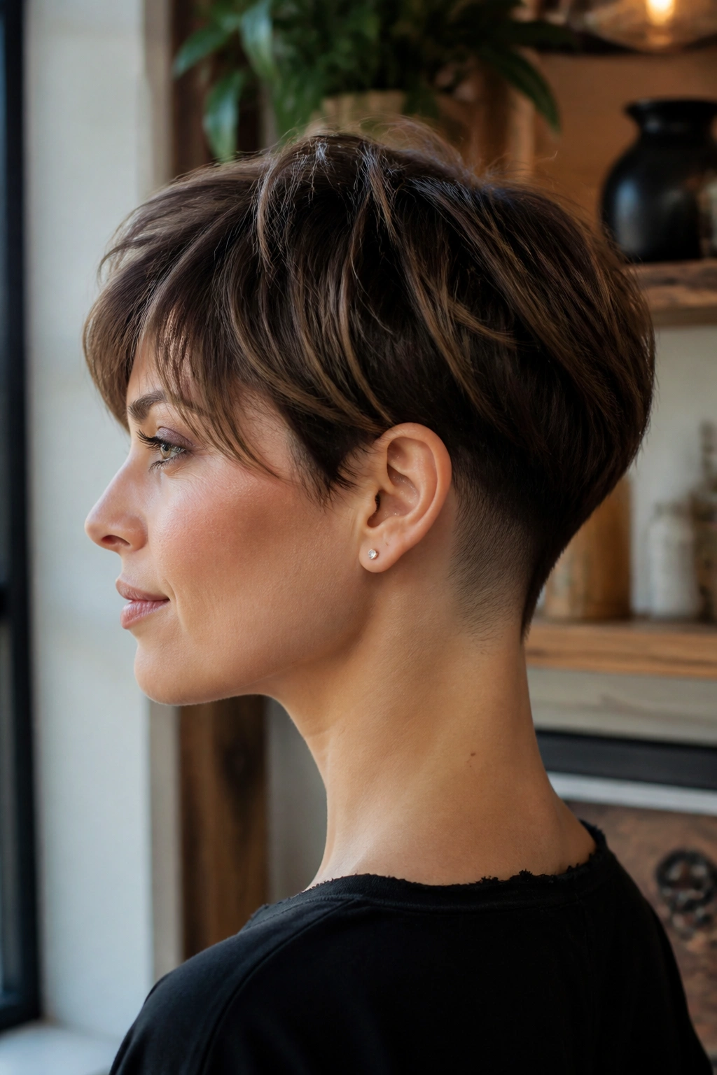 Side profile of a real person with long pixie and undercut nape in natural light.