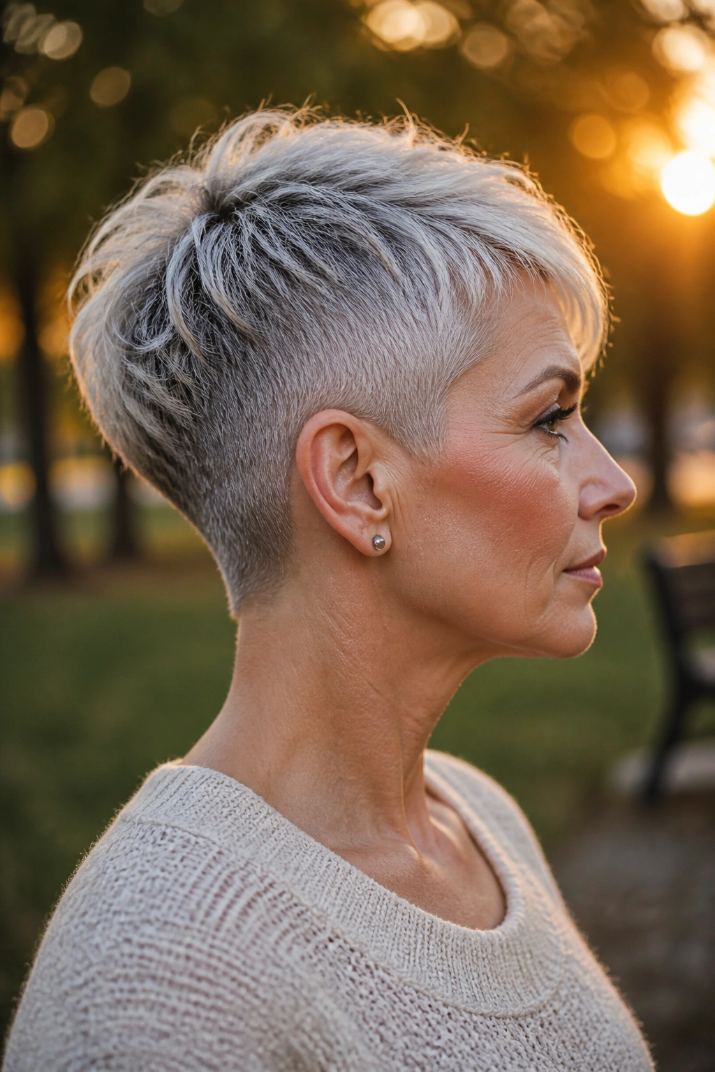 Side-profile close-up of a real woman with a pixie and undercut nape