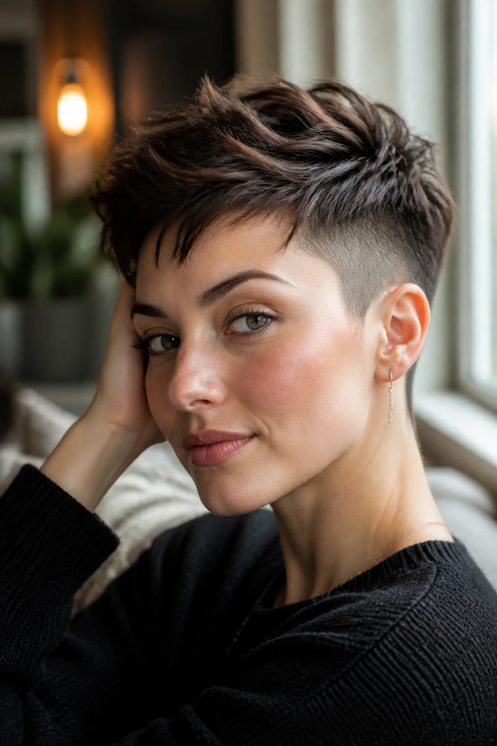 Close-up portrait of a real woman with a pixie undercut in warm indoor light