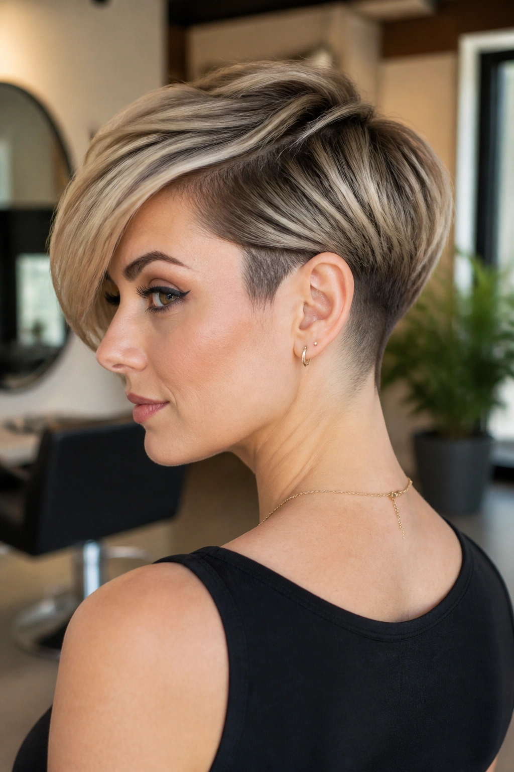 Close-up of a real woman with a side-swept pixie and neck undercut in a warm salon