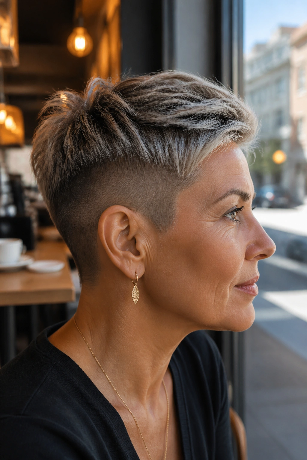 Profile of a real woman with Undercut Pixie With Clean Sides showing the undercut