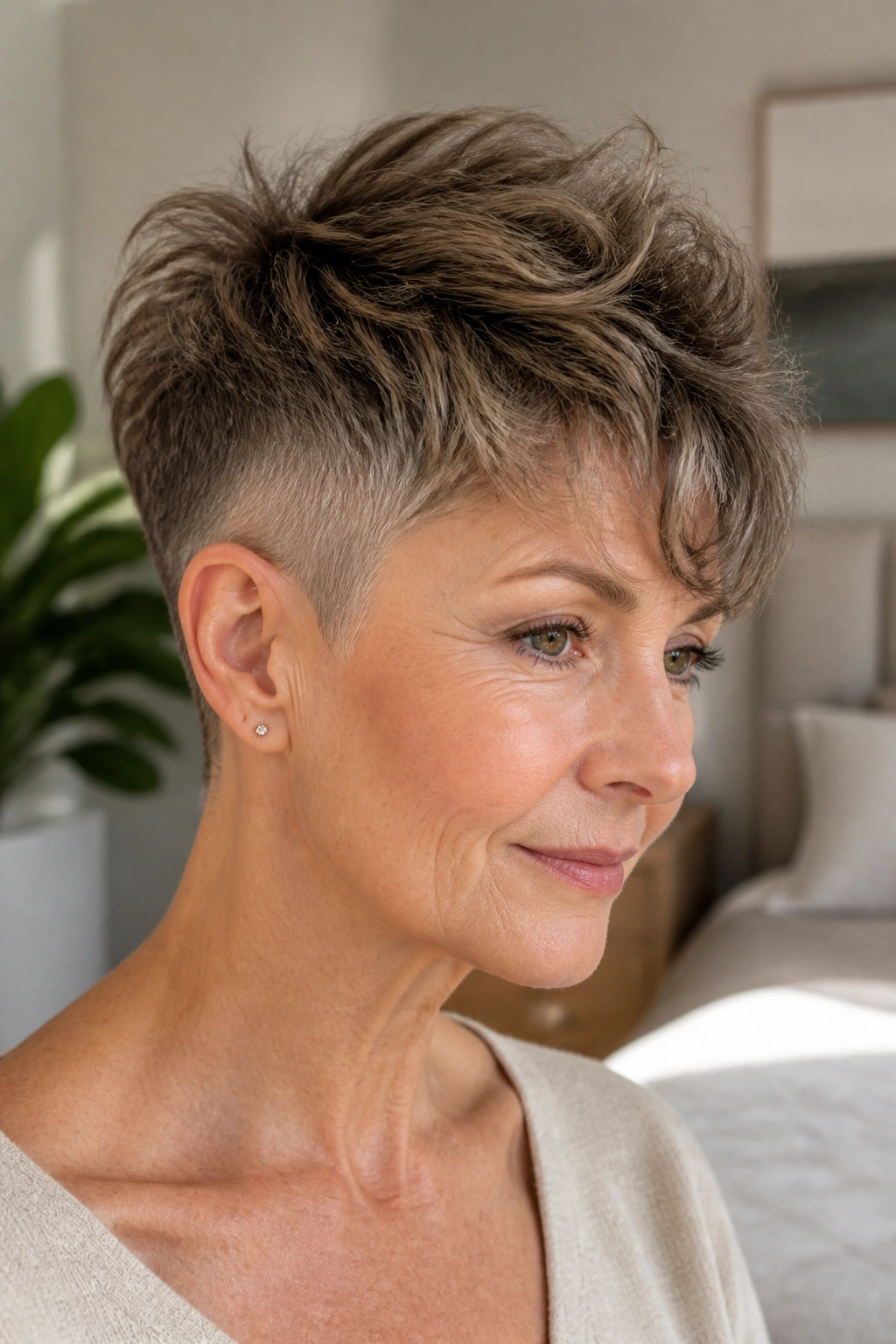Portrait of a real woman with a soft undercut pixie for thick hair