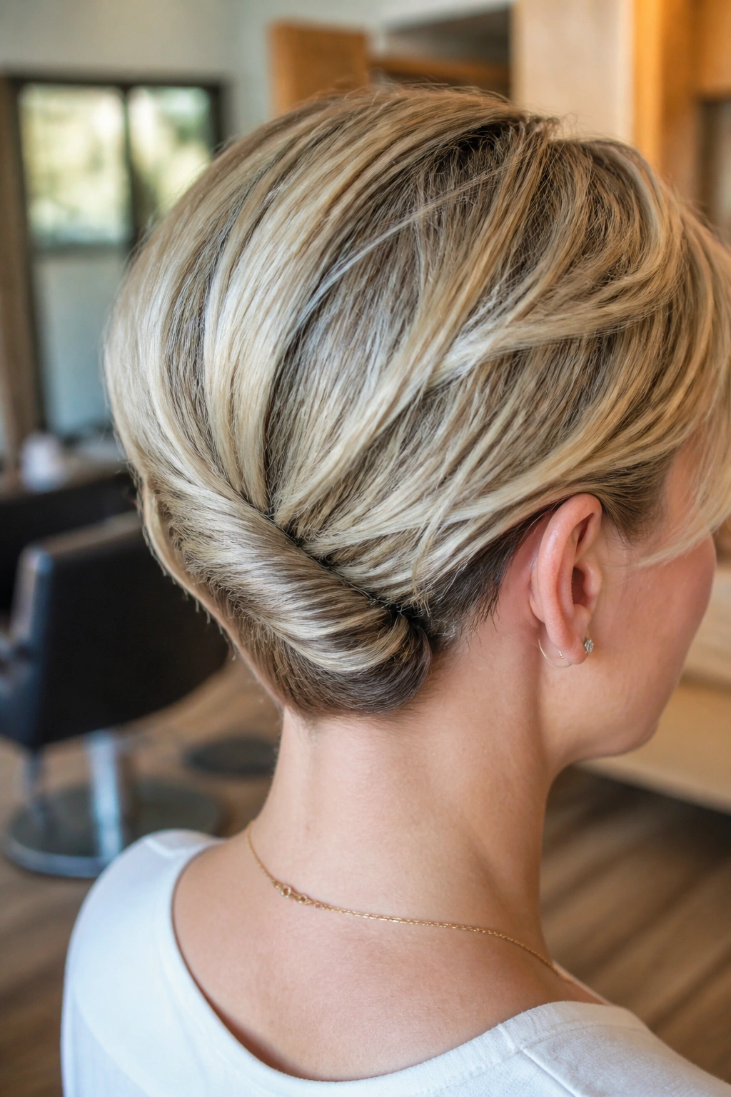 Close-up of a real woman with a twisted nape roll pinned at the nape, showcasing an elegant neckline.