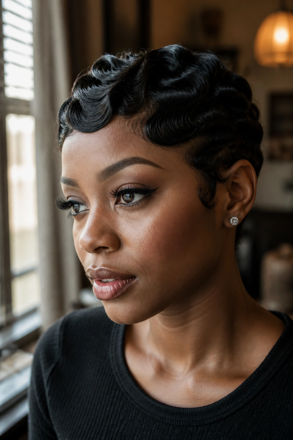 Close-up of a real woman with a pixie cut and finger waves tucked at the sides