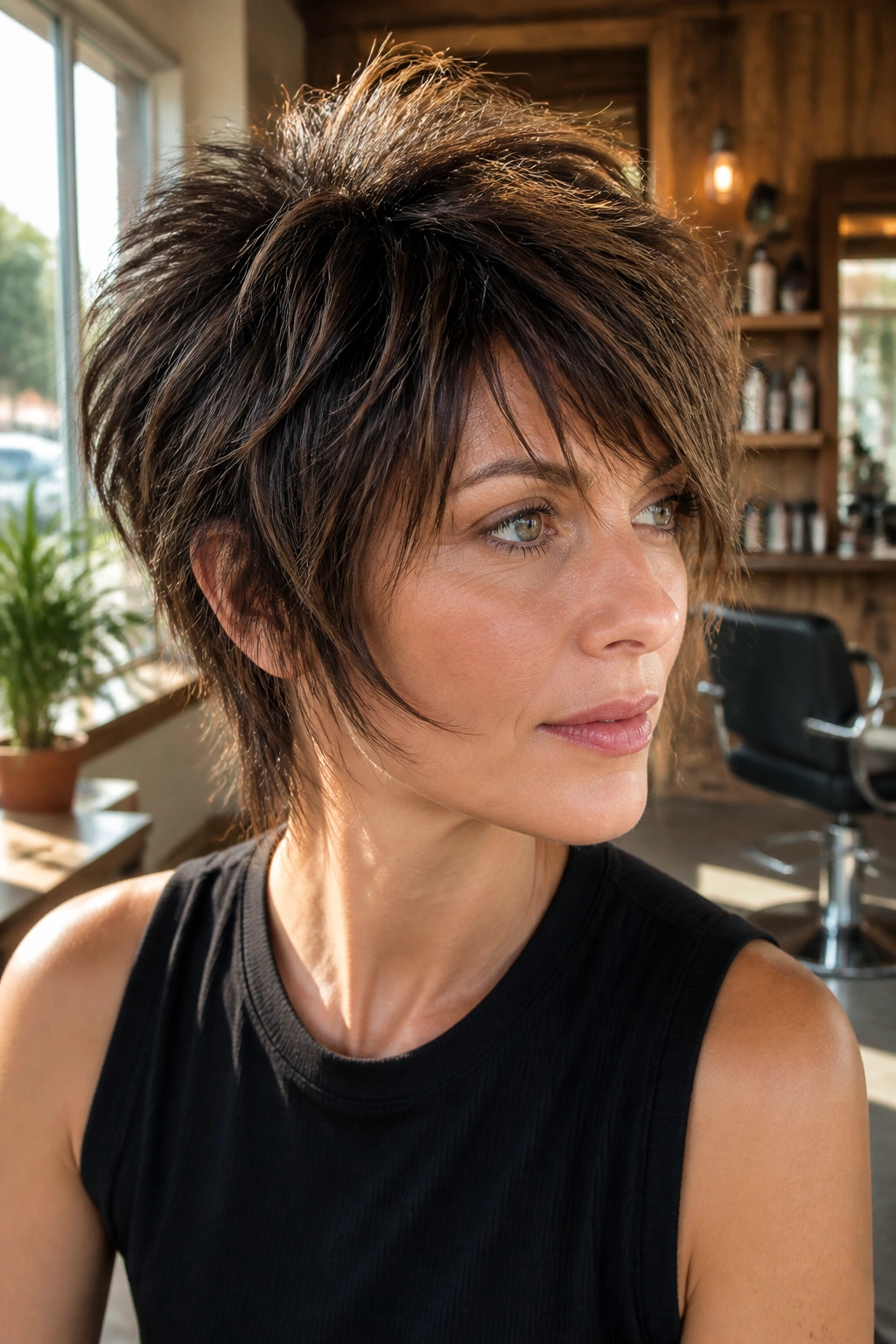 Close-up of a real woman with a choppy crown-volume pixie wolf hairstyle.