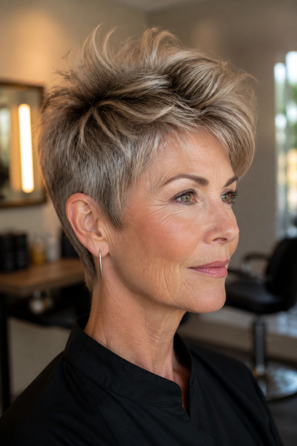 Close-up portrait of a real woman with crown-lifted pixie wolf cut in a salon