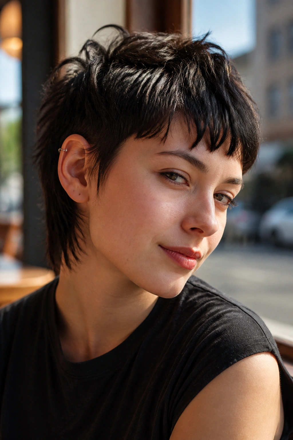 Close-up portrait of a real person with a pixie wolf cut hybrid showing textured top and tapered sides.