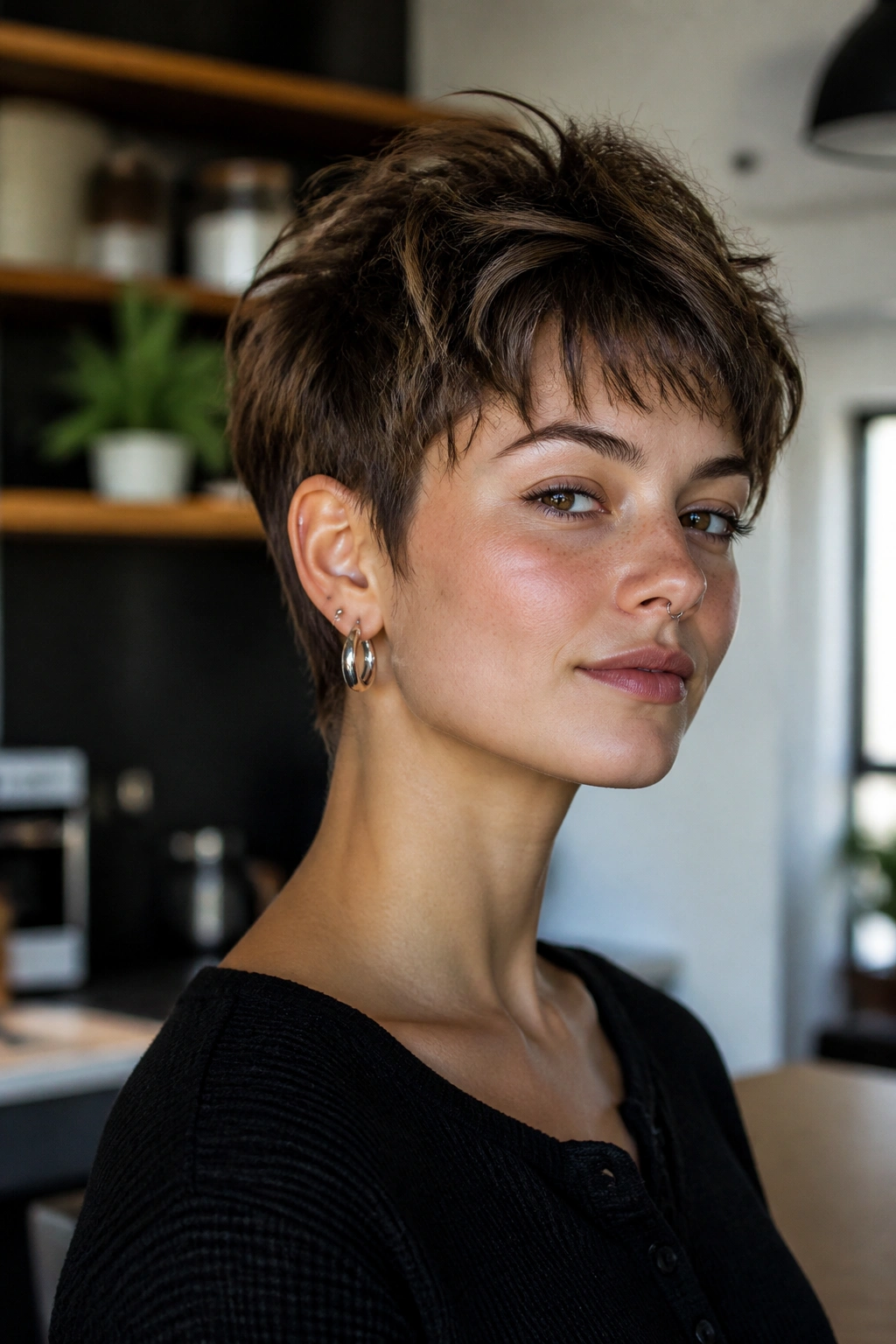 Portrait of a real person with pixie wolf cut hybrid, short crown and tight sides.
