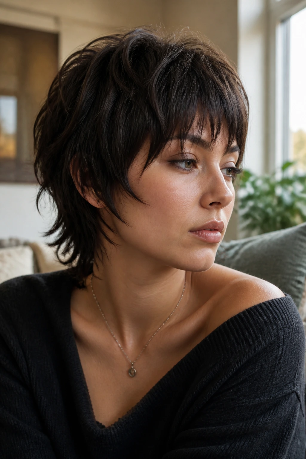 Close up portrait of a real woman with a pixie wolf cut, thoughtful expression, natural window light