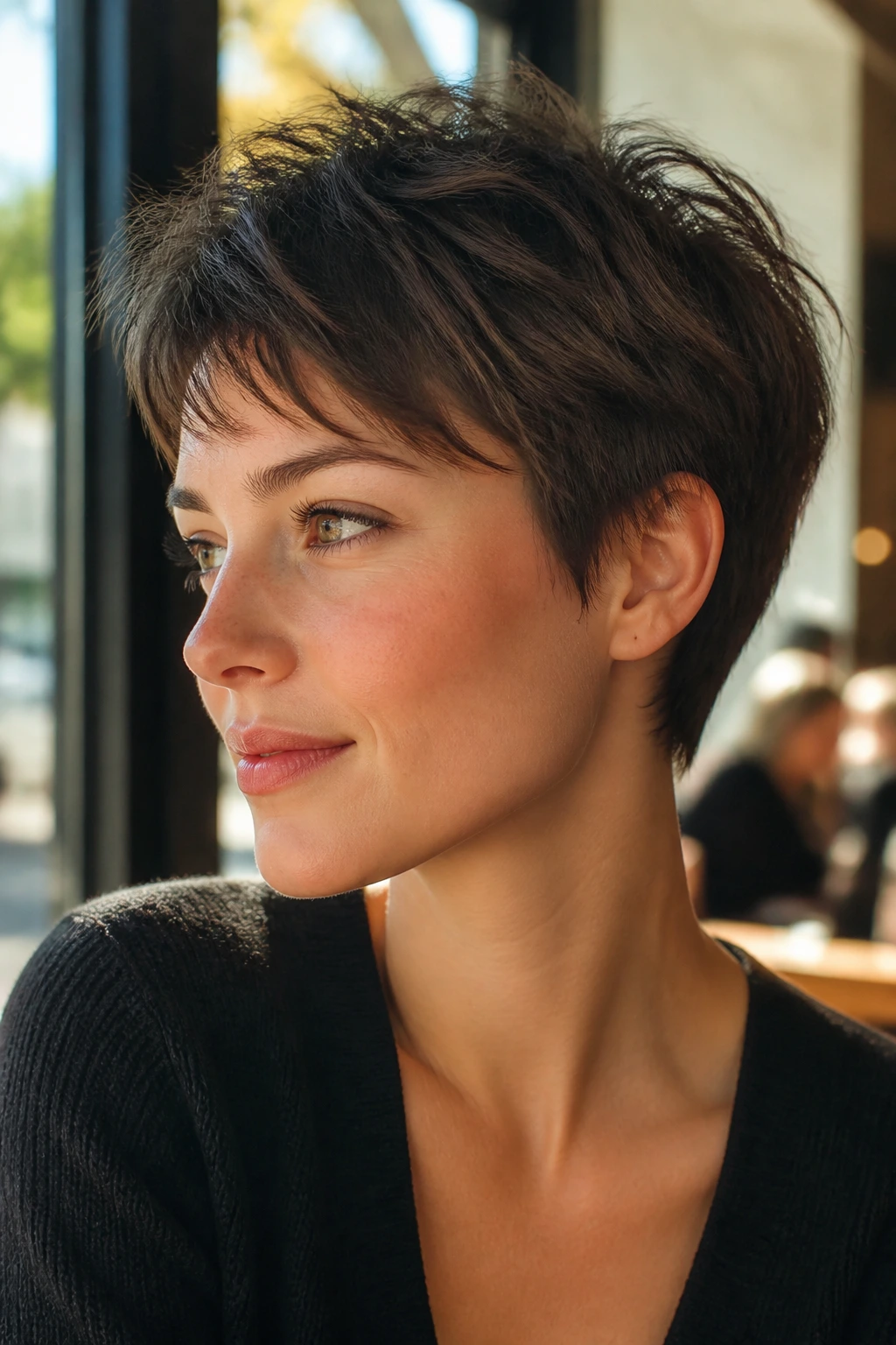 Close-up portrait of a real woman with a soft tapered pixie wolf cut in warm cafe light