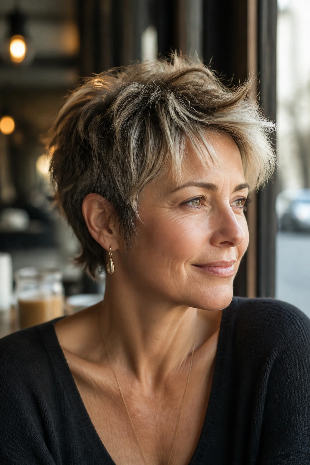 Portrait of a real woman with textured pixie shag hairstyle.