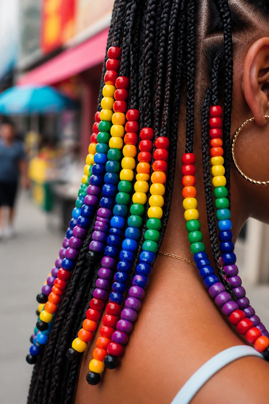 Close-up of a braid with bright multi-colored plastic beads against a street market backdrop
