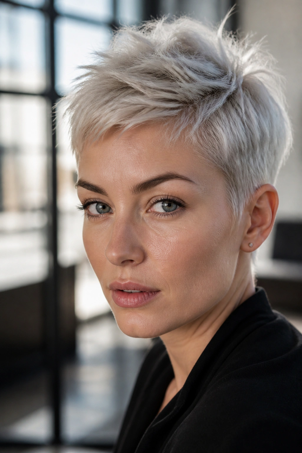 Close-up of a real woman with platinum-ash pixie haircut
