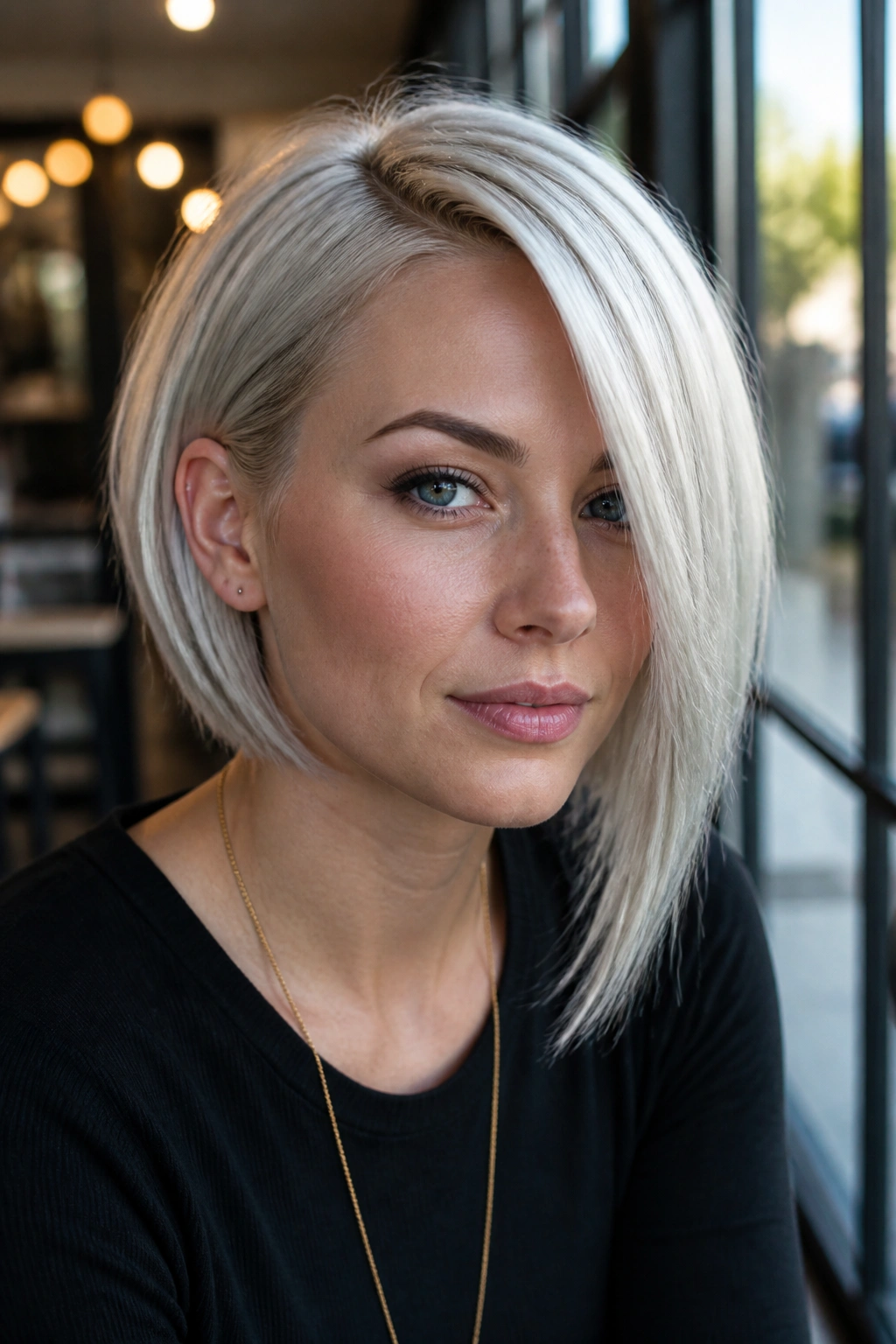 Close-up of real woman with platinum asymmetrical bob