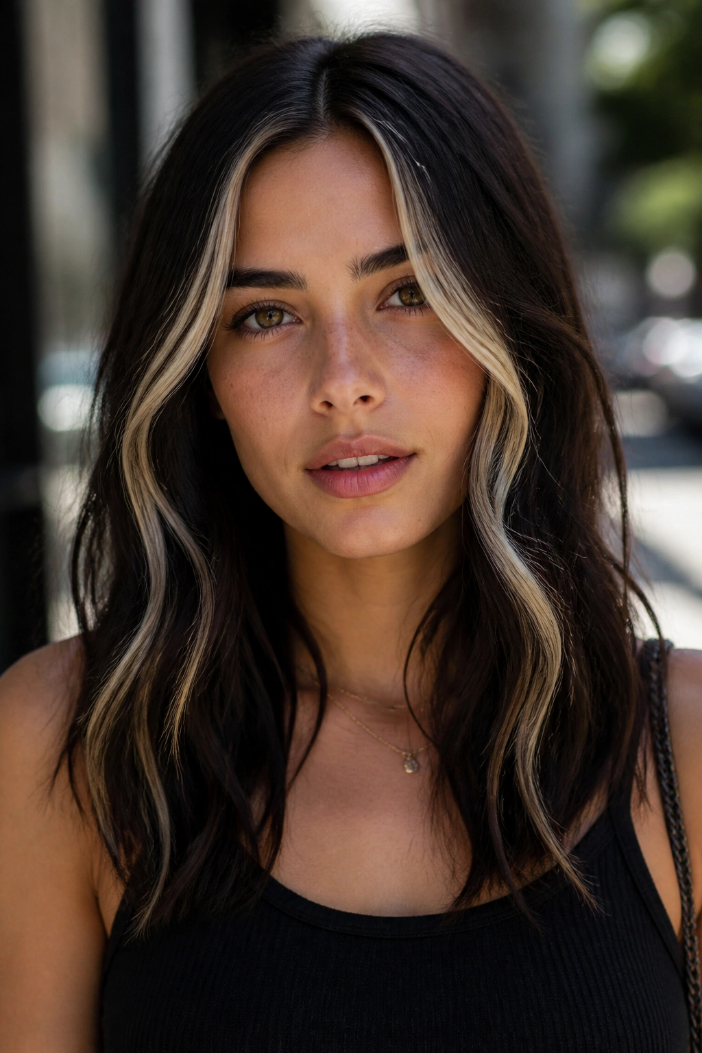 Close-up of a real woman with dark hair and thin platinum face-framing balayage pieces