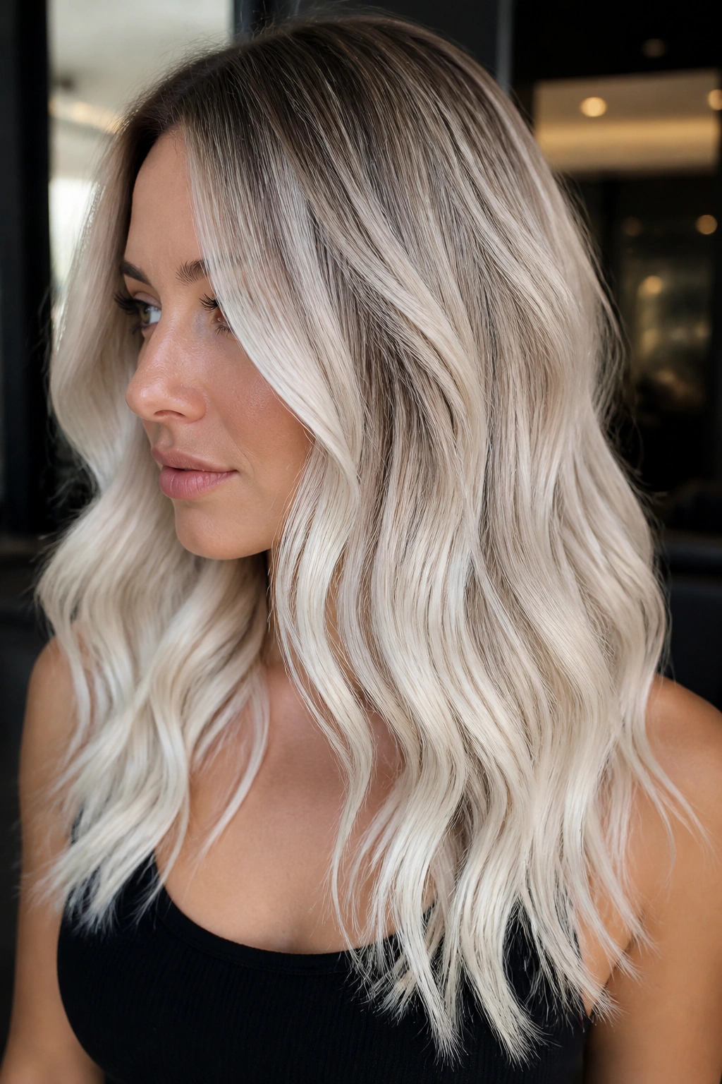 Real woman with platinum balayage waves and bright ends in cool interior light