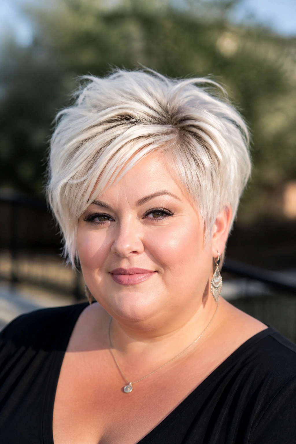 Close-up portrait of a real woman with choppy platinum bixie and crown lift