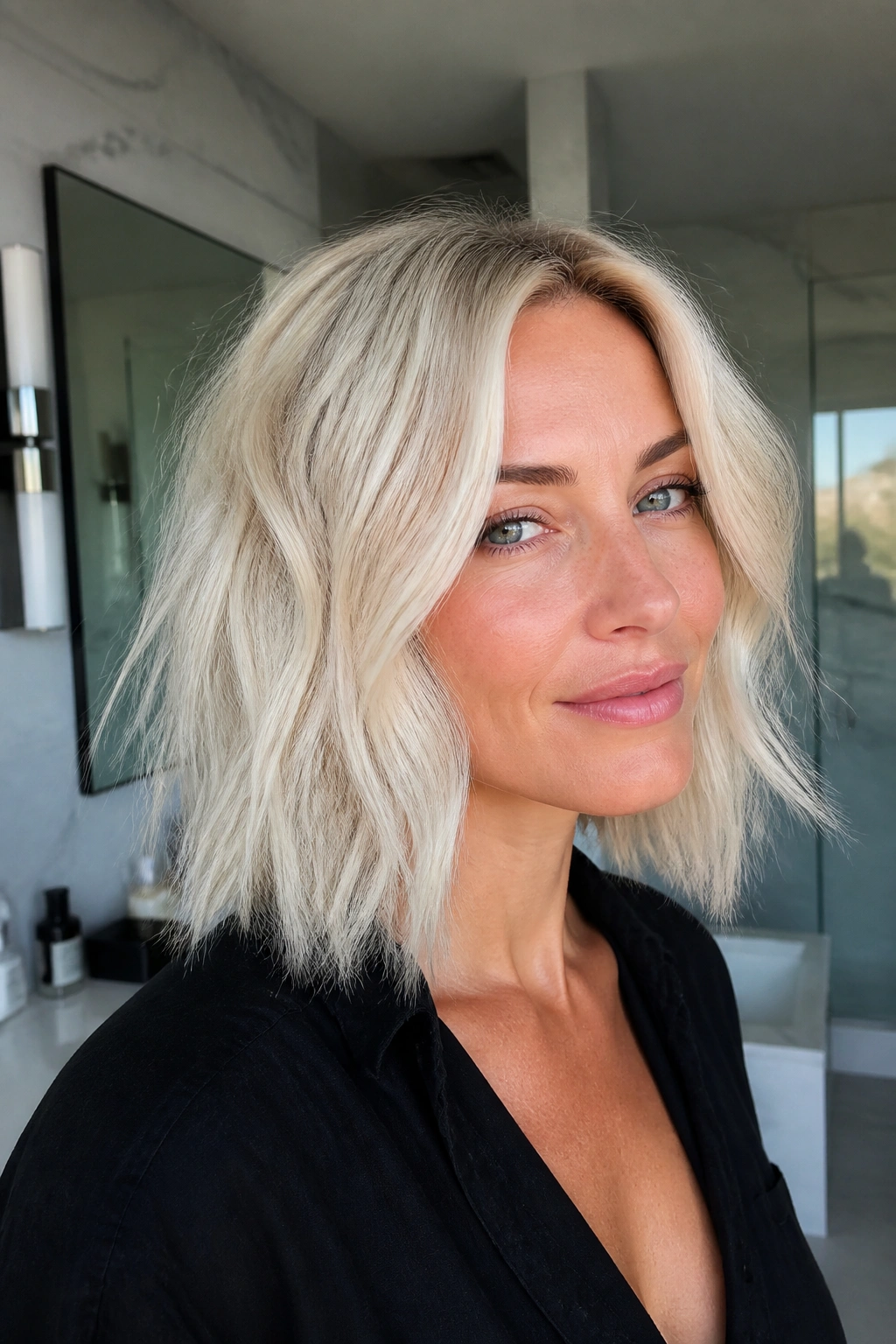 Real woman with platinum blonde lob and choppy texture
