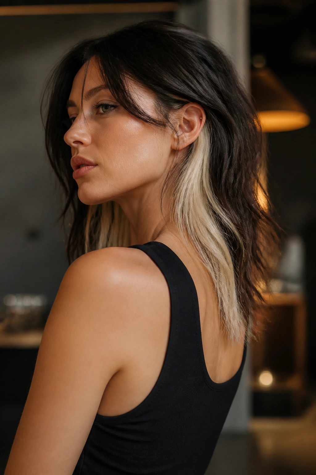 Three-quarter portrait of a real person showing platinum blonde panels at the nape against dark hair