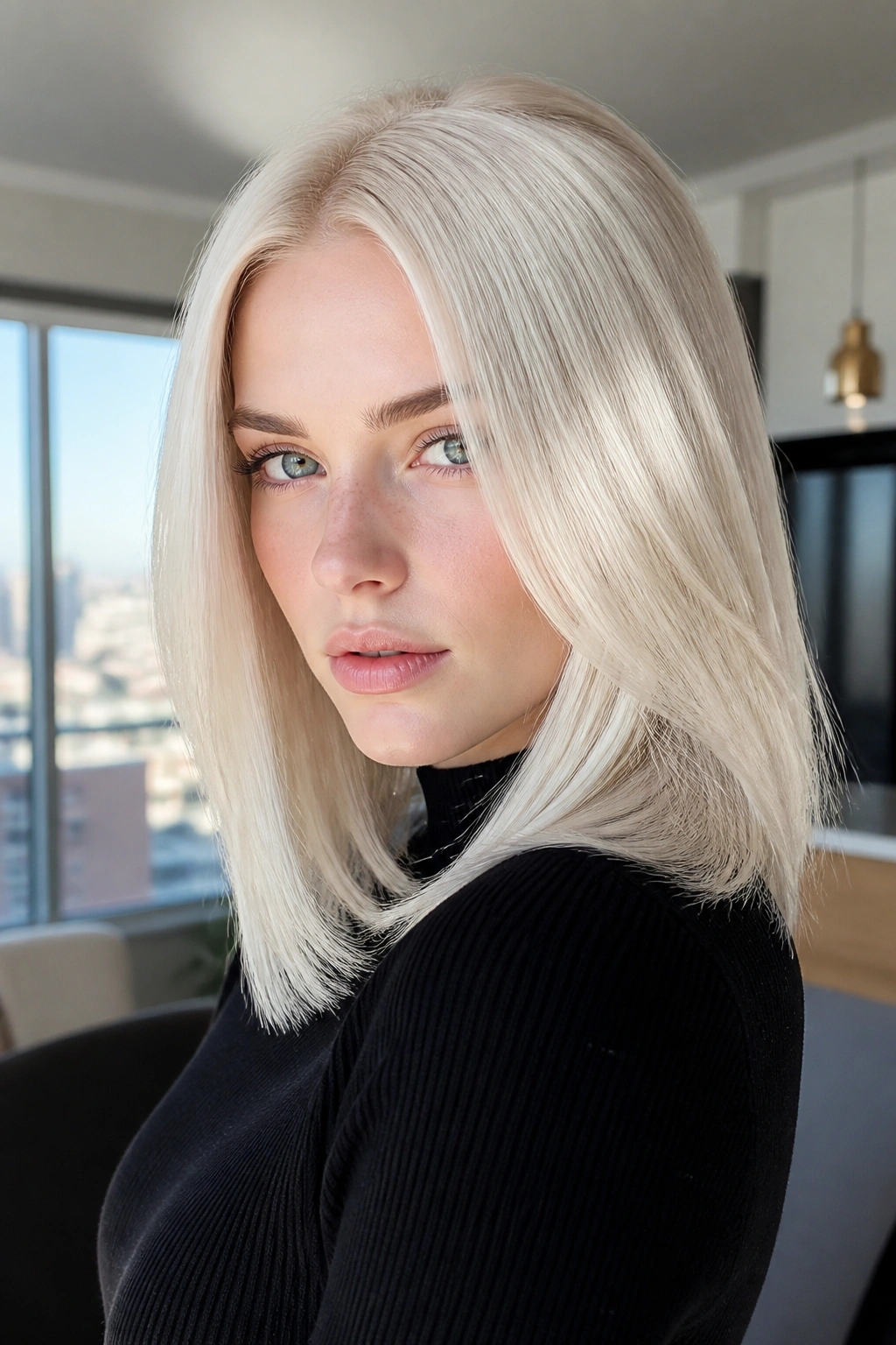 Close-up of a real person with bright platinum hair and polished, glossy finish.