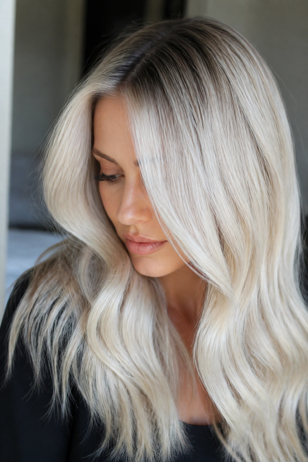 Real woman with platinum blonde hair and shadow root