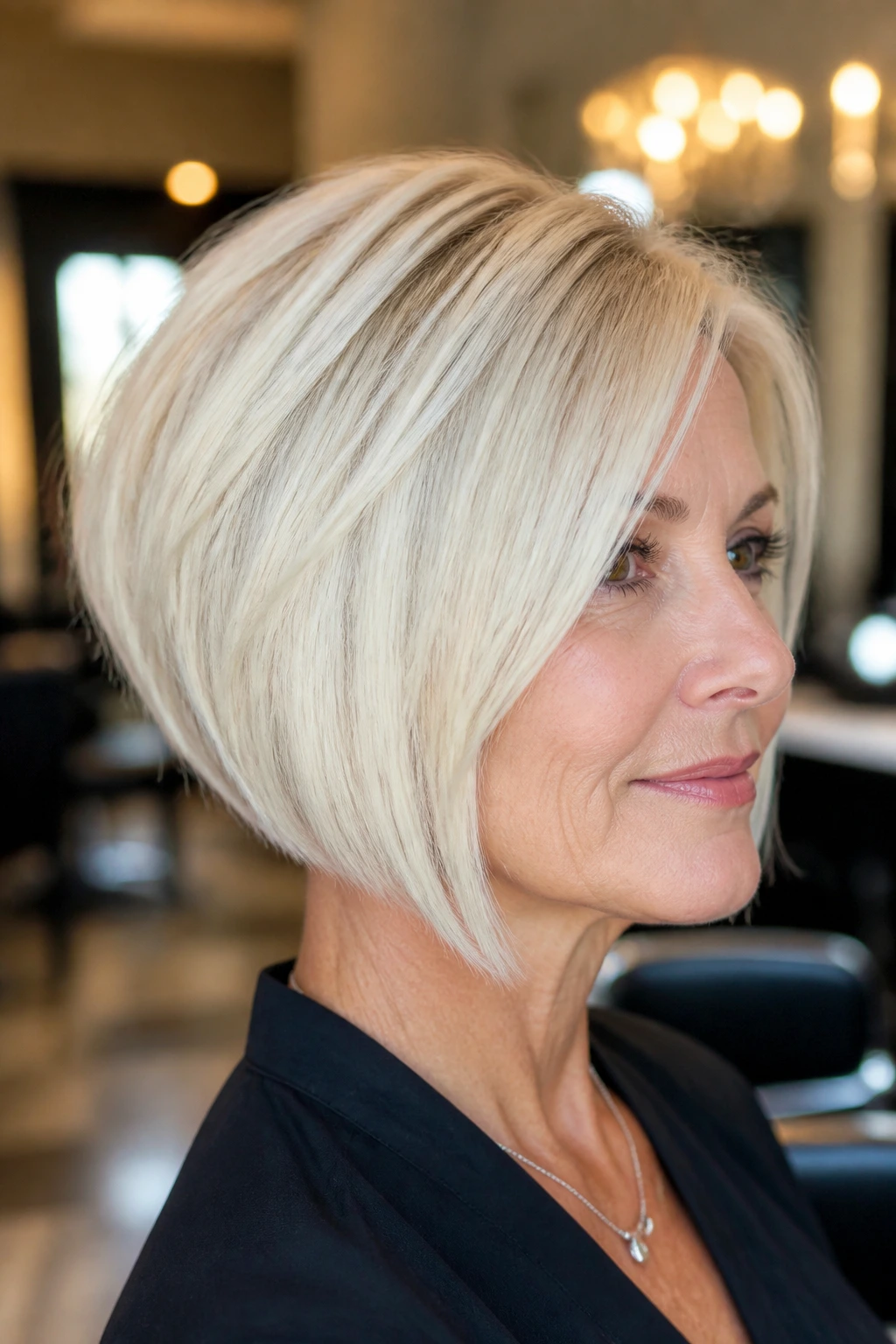 Real woman with platinum blonde sharp stacked bob