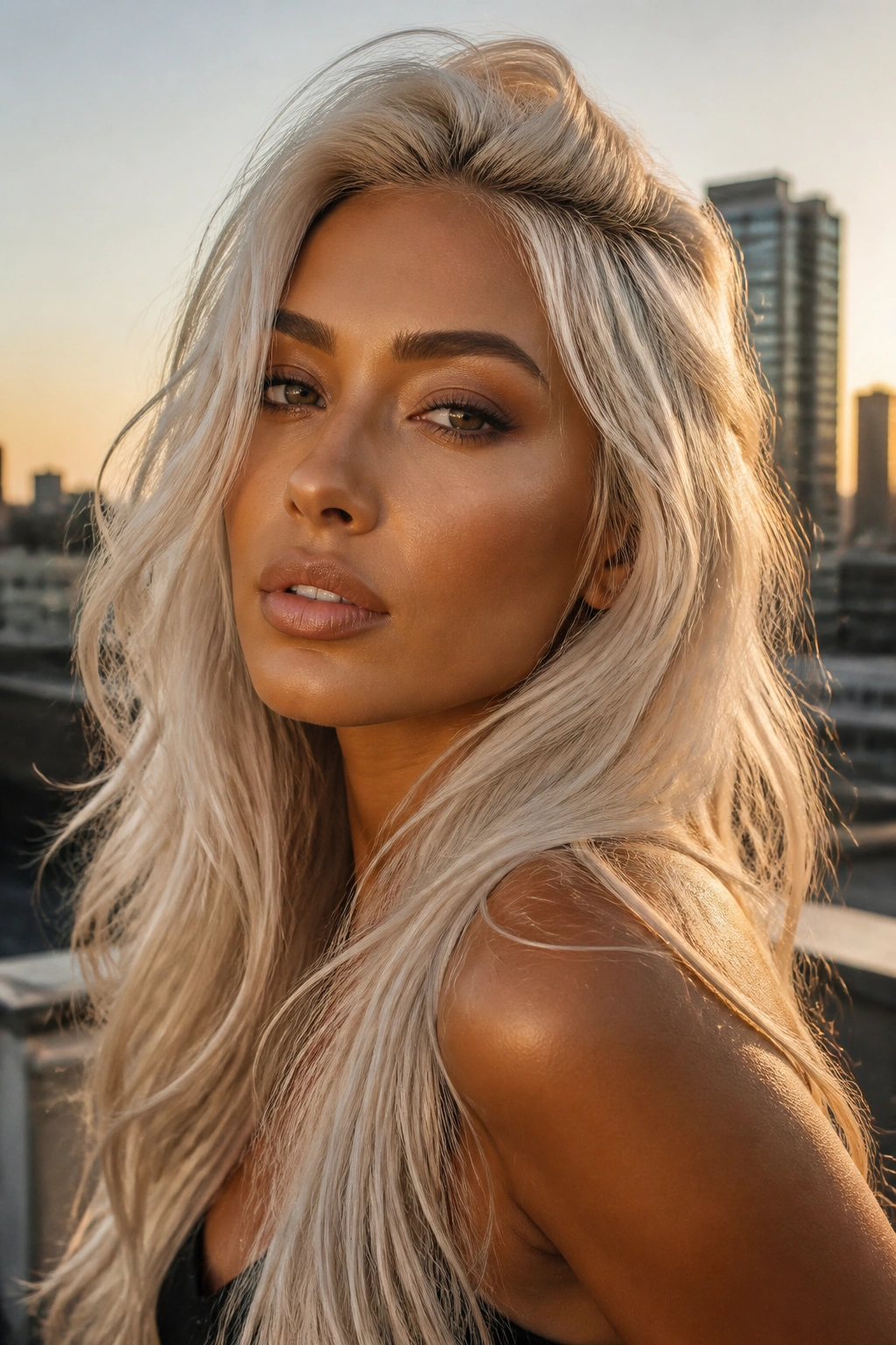 Close-up portrait of a real person with platinum blonde hair on tan skin